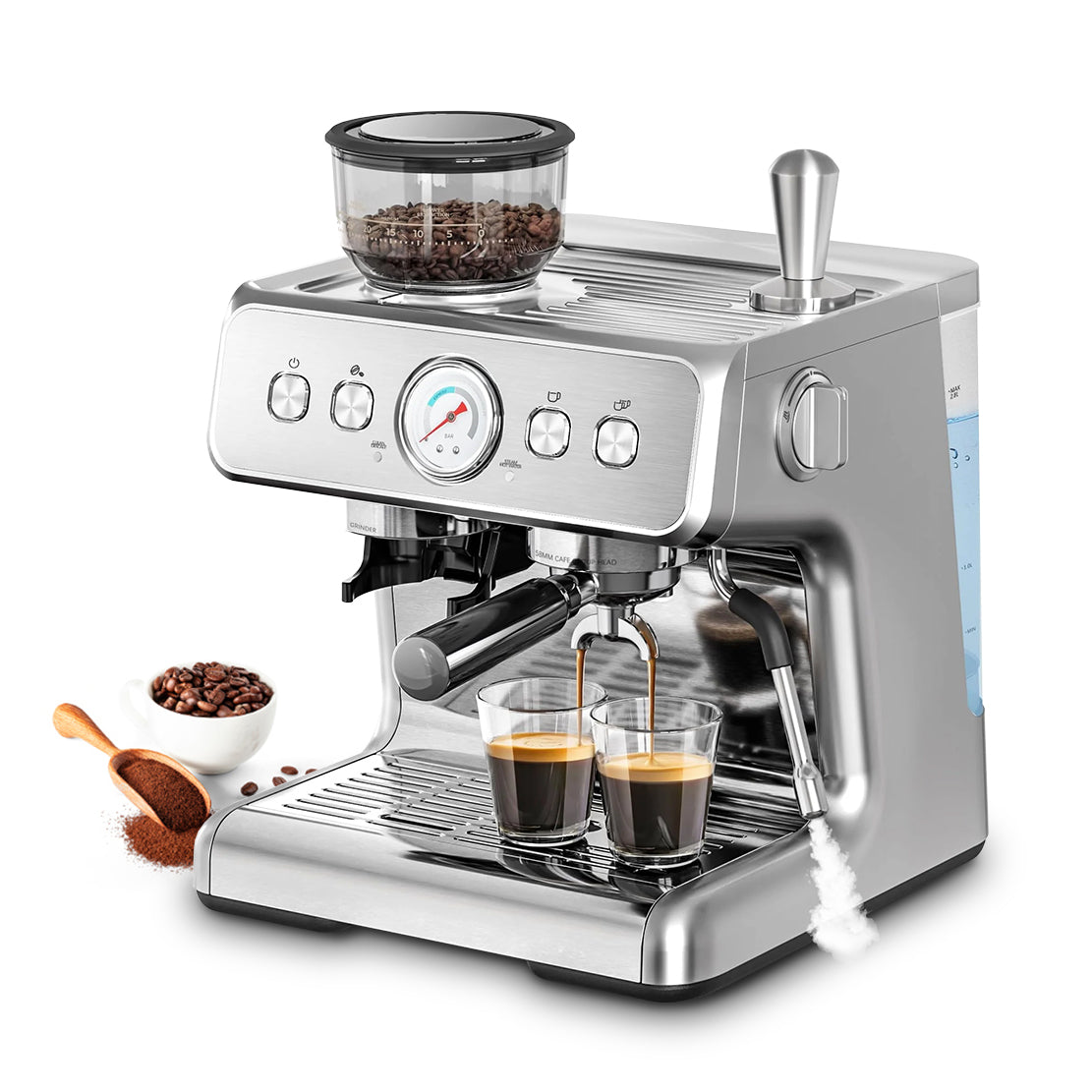 Espresso Machine with Grinder & Milk Frother Steam Wand