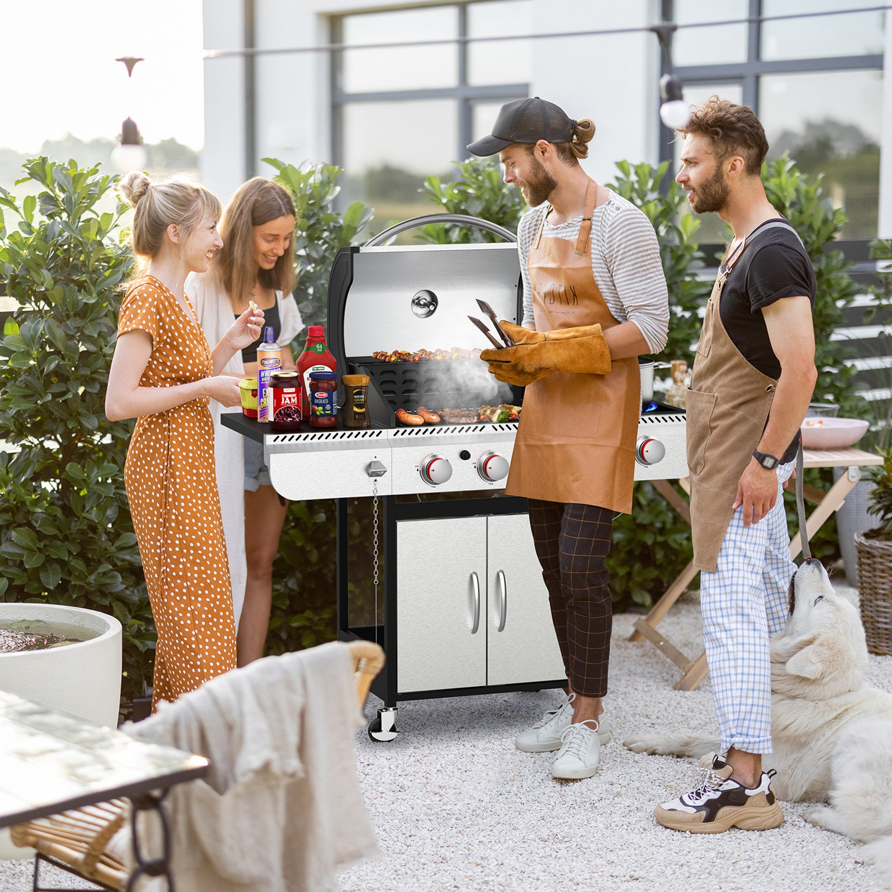 3+1/4+1 Burner Freestanding Propane Gas Grill With Side Burner And Cabinet