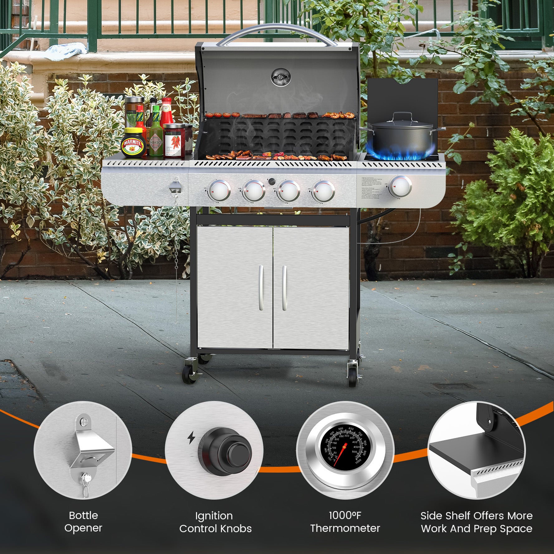 3+1/4+1 Burner Freestanding Propane Gas Grill With Side Burner And Cabinet