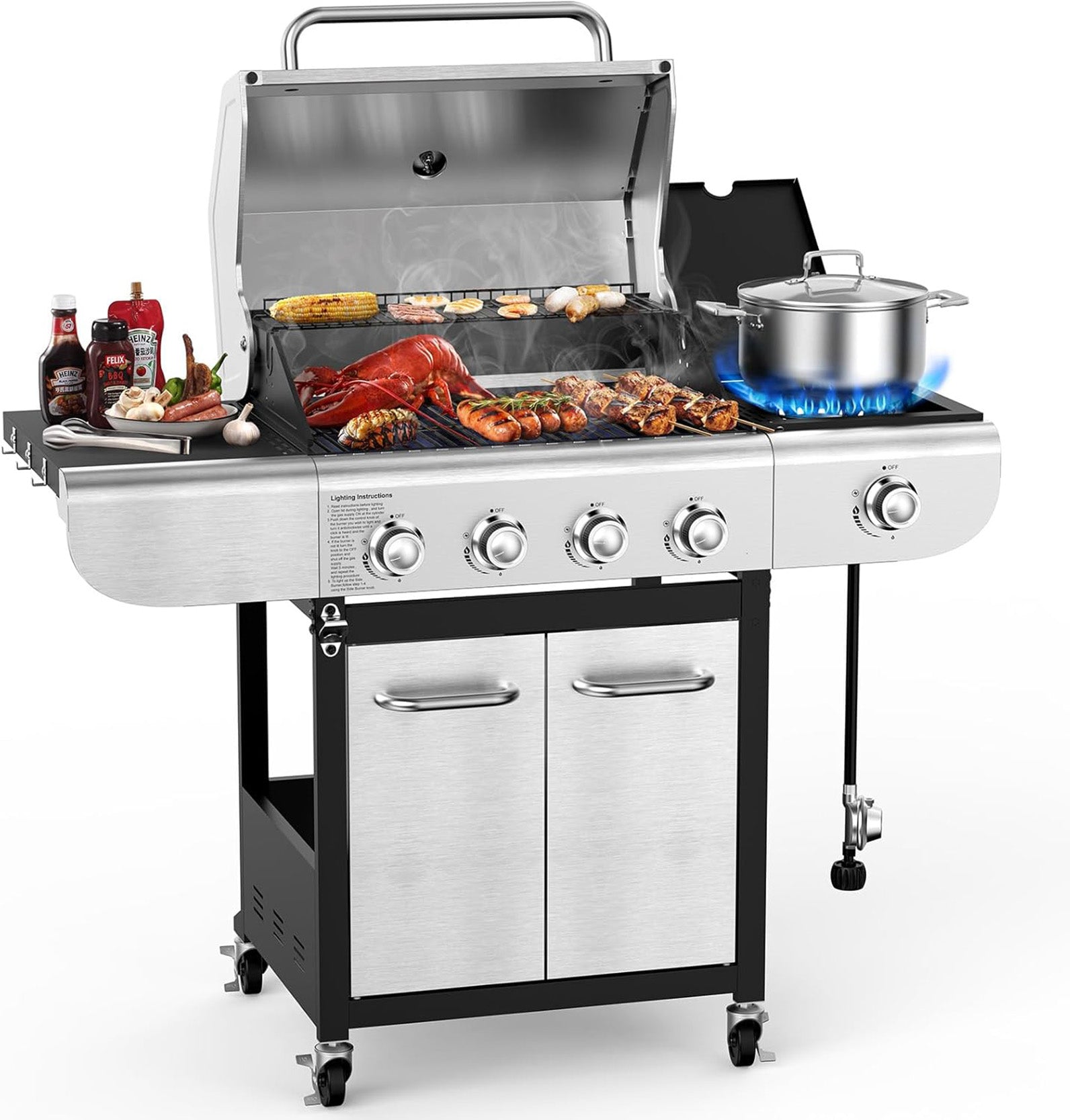 4-Burner BBQ Propane Gas Grill with Side Burner, 54000 BTU