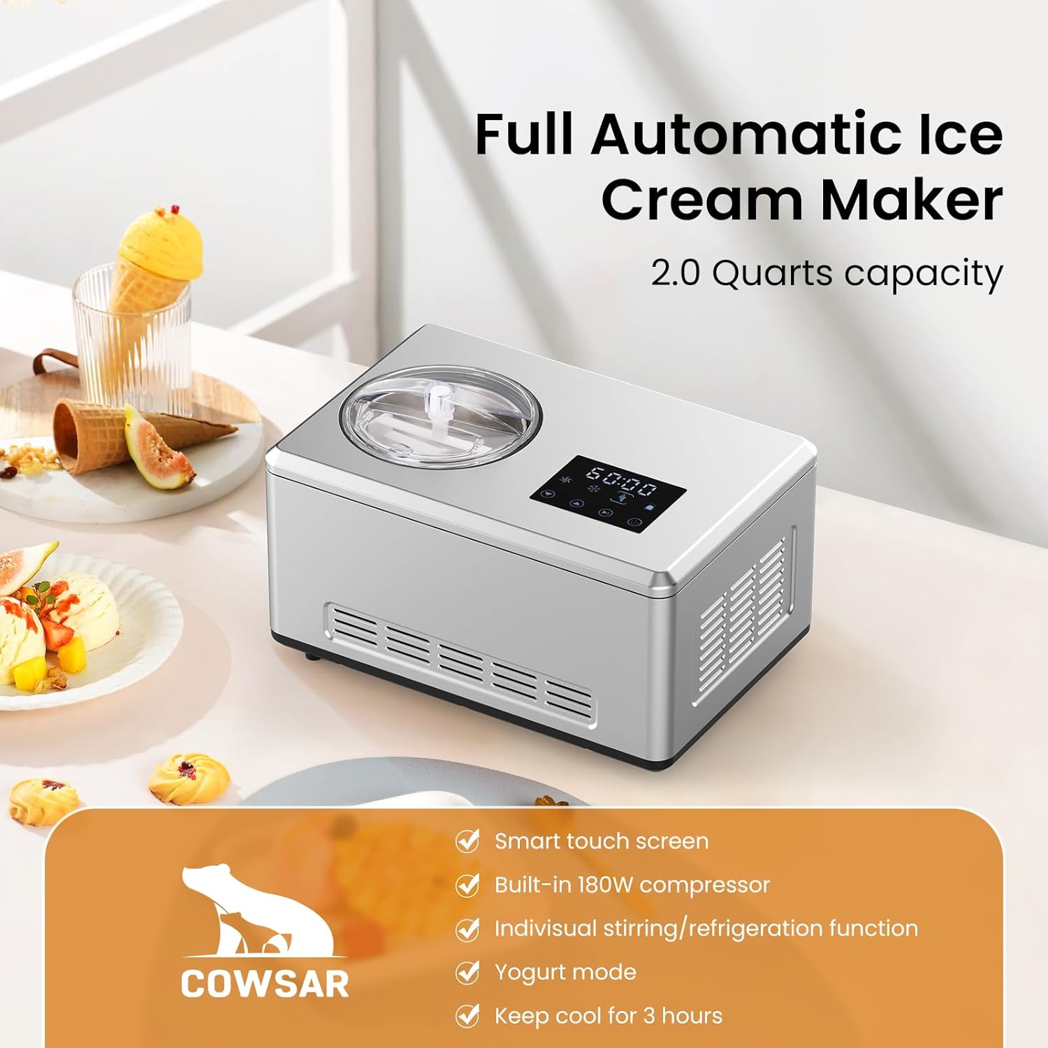 2.1 Multifunctional Quart Ice Cream Maker, Silent Smart