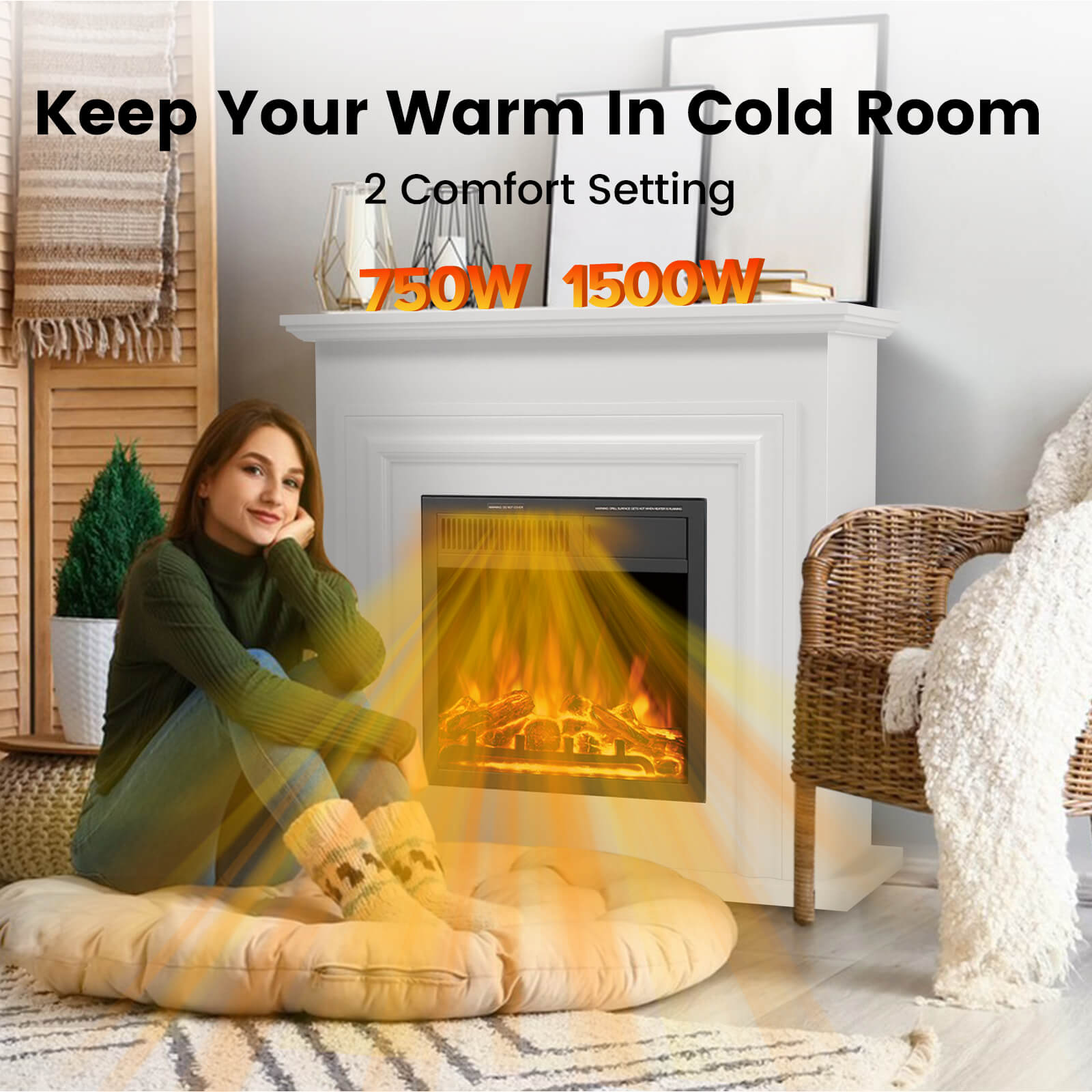 Cowsar 36" Electric Fireplace with Mantel Package 750W/1500W