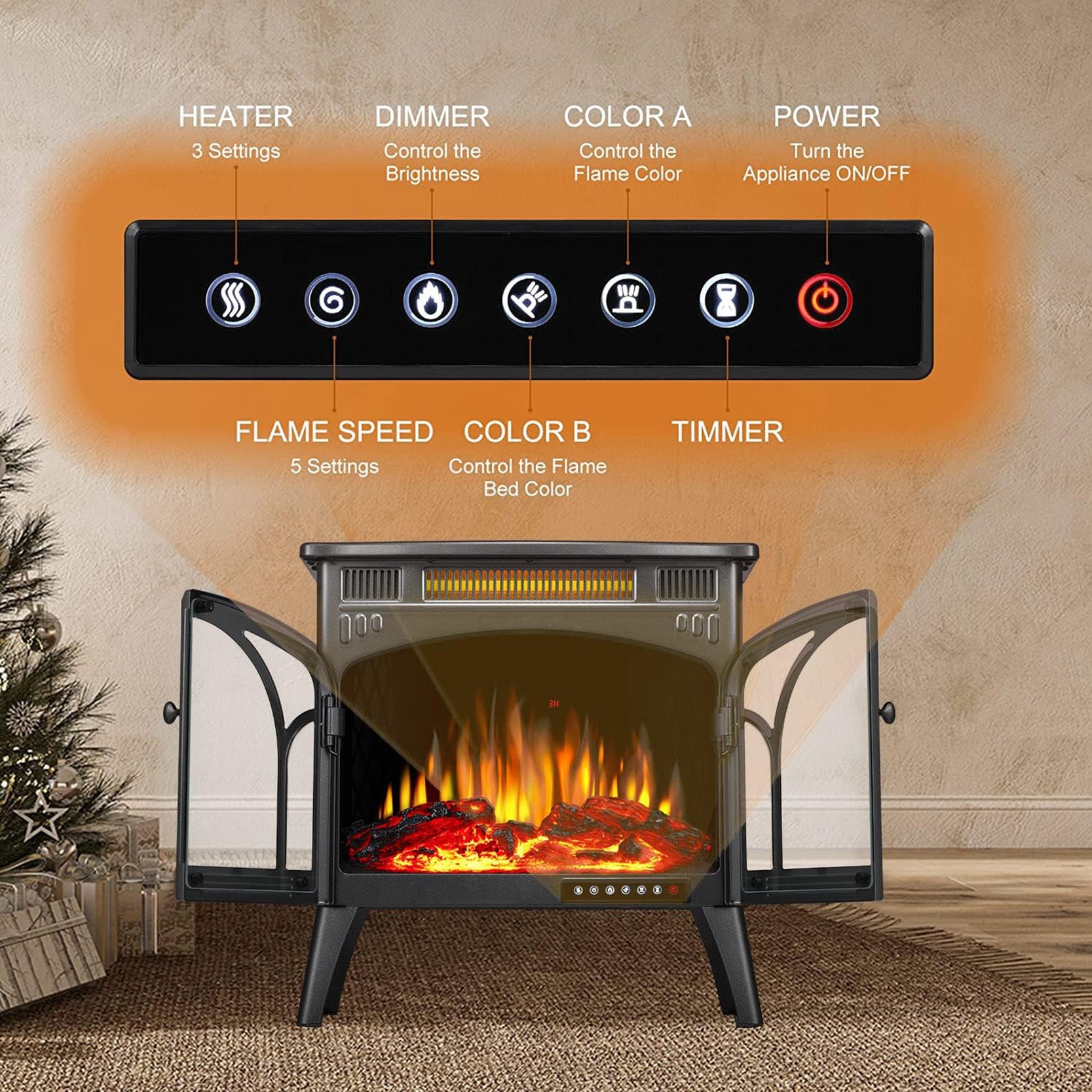 Electric Fireplace Stove Heater with 3D Logs