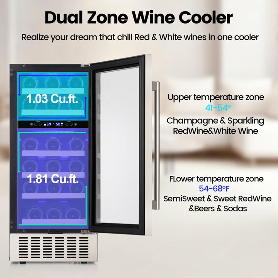 15" 28 Bottle and 65 Can Dual Zone Beverage Refrigerator Cooler