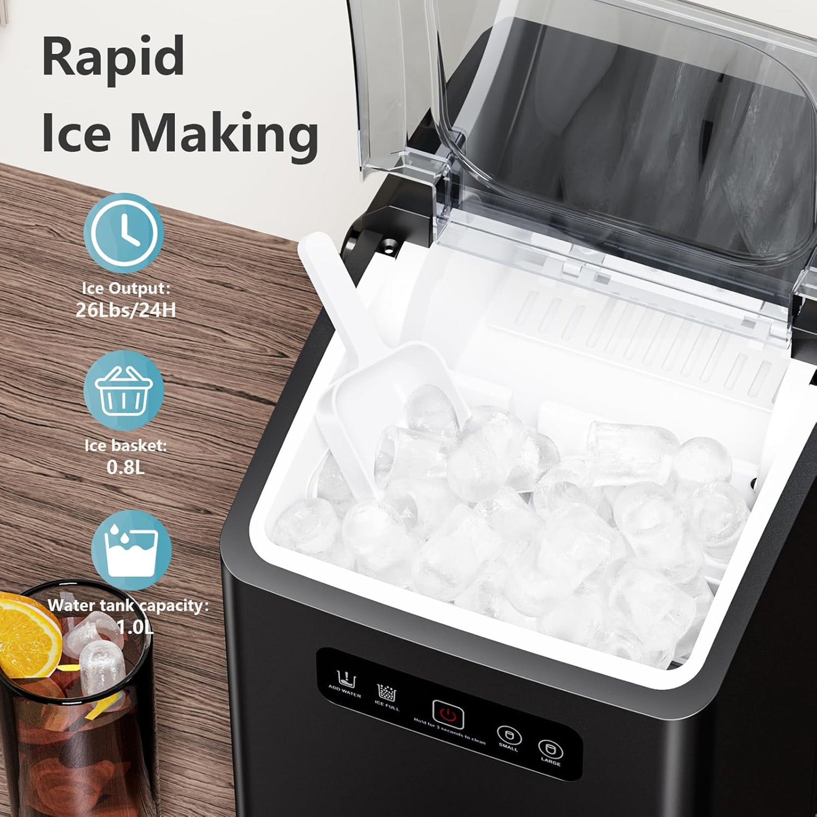 26 lbs/24H Countertop Ice Maker, 9 Ice Cubes in 6 Mins