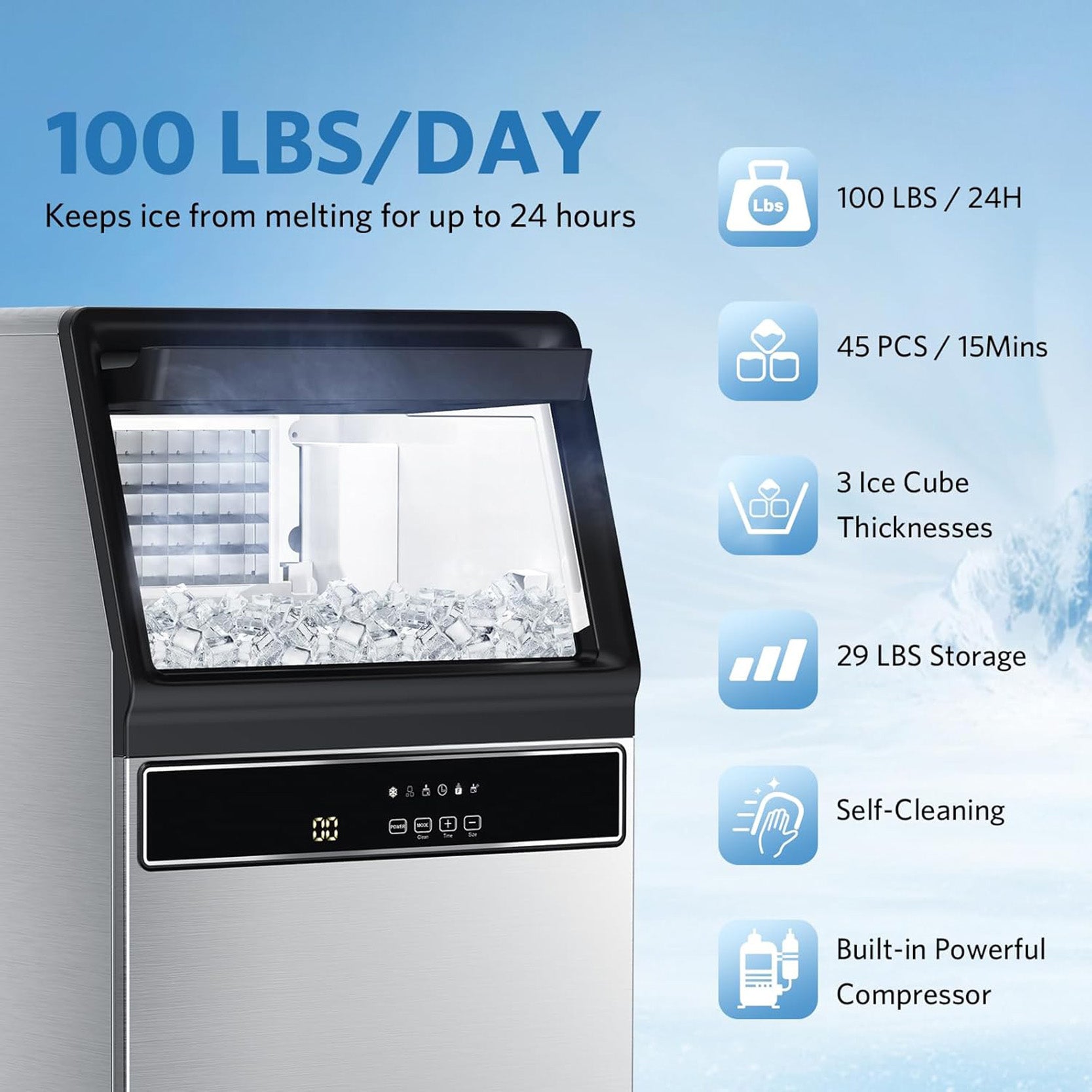 Commercial Cube Ice Maker 100lbs/24H,Stainless Steel