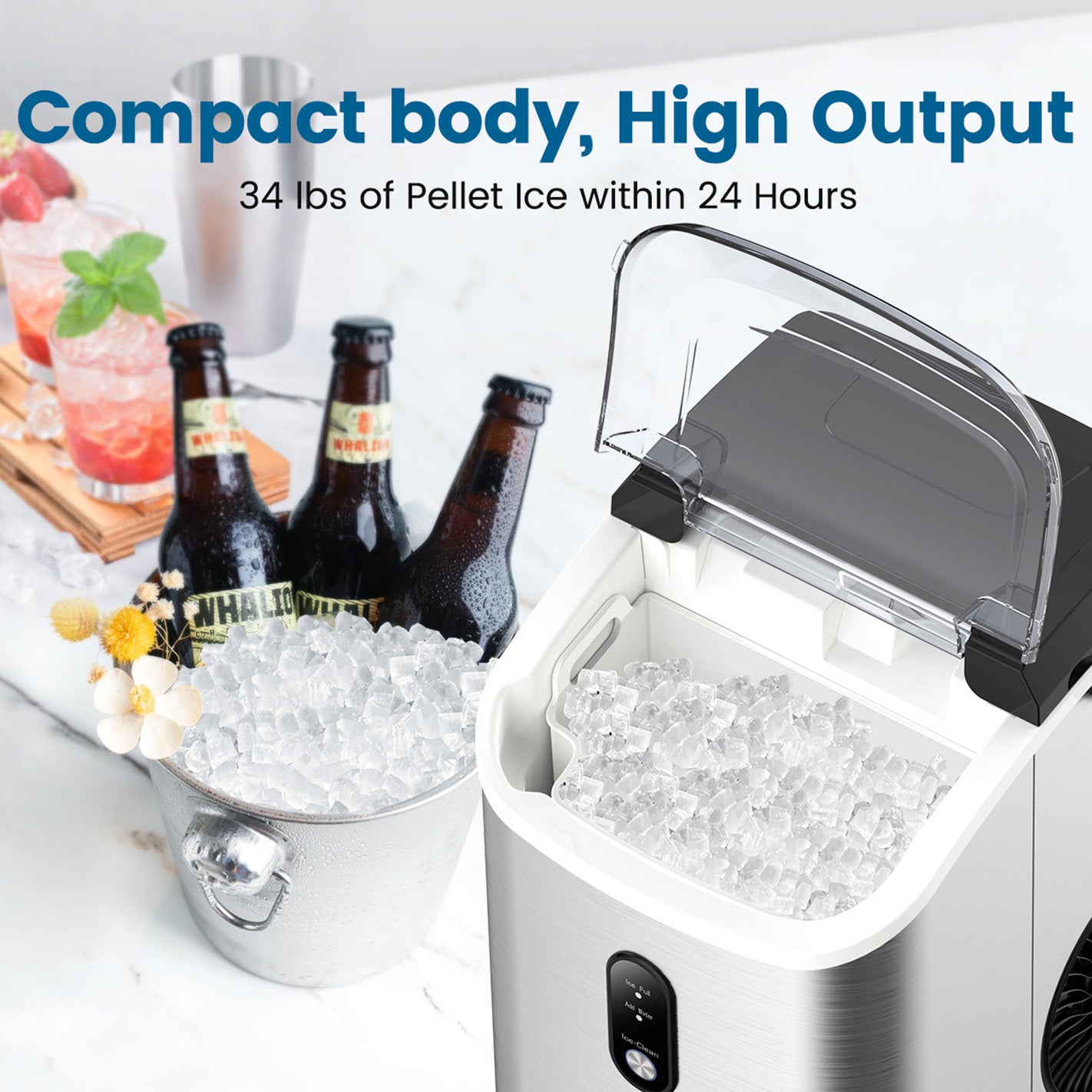 34lbs/24H Nugget Ice Maker Countertop, Chewable Pebble Ice