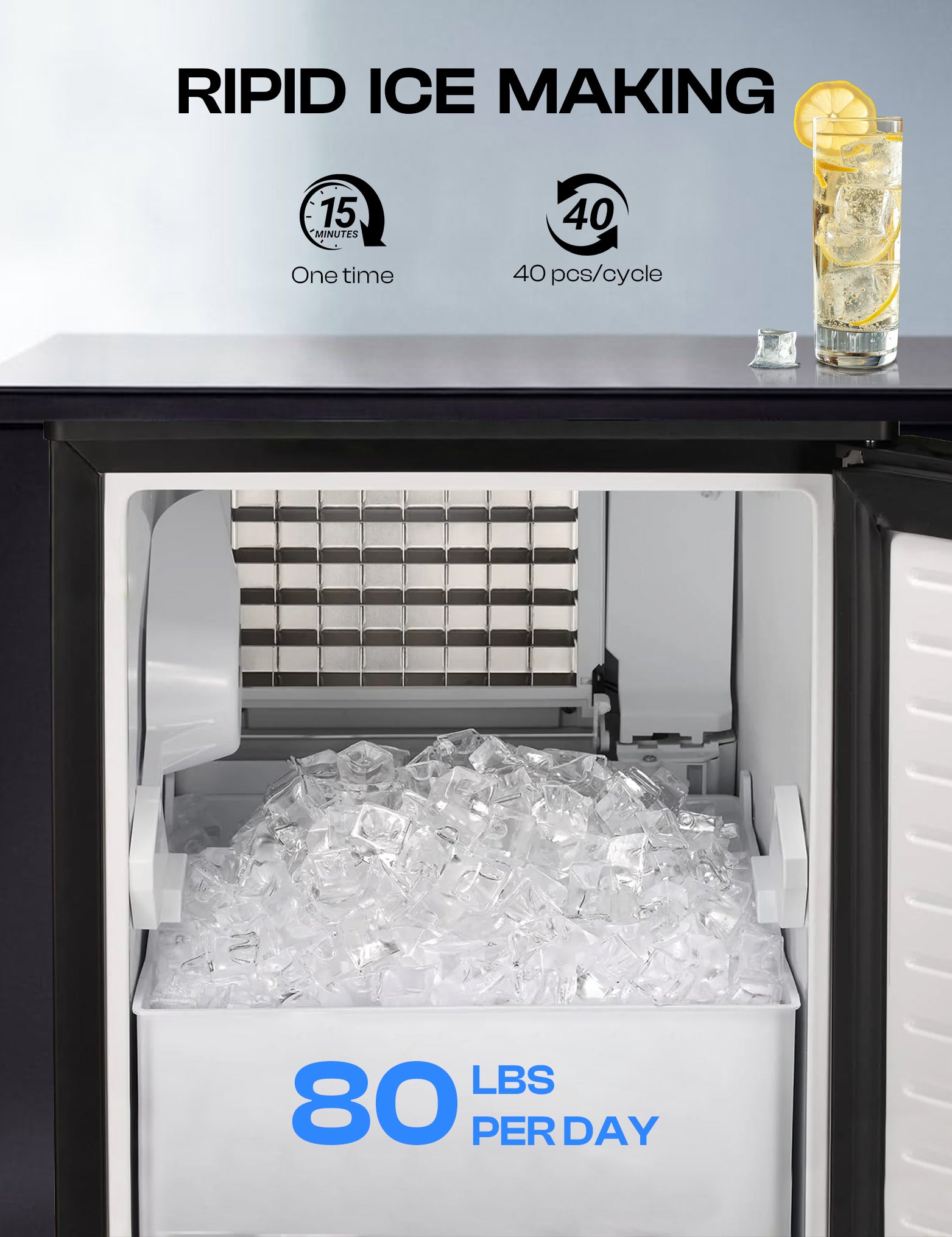 Commercial Cube Ice Maker 80lbs/24H, Reversible Door